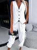 Loose Buttoned Striped V-Neck Vest Top + Drawstring Pockets Ninth Pants Pleated Pants Bottom Two Pieces Set