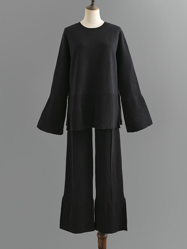 Casual Long Sleeves Loose Solid Color Round-Neck Sweater Tops & Wide Leg Pants Two Pieces Set