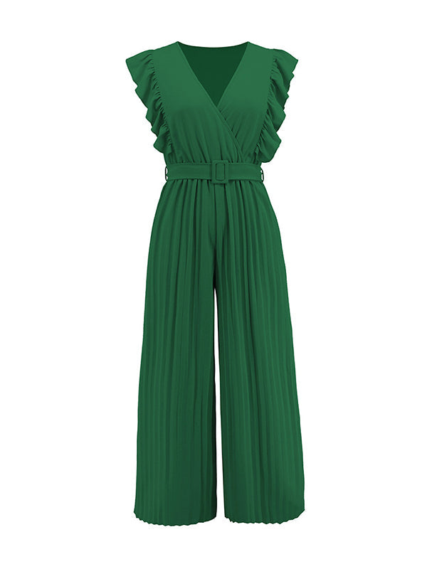 High Waisted Loose Belted Pleated Ruffled Solid Color V-Neck Jumpsuits