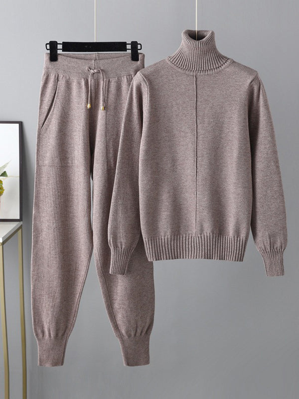 Casual Solid Long Sleeves High-Neck Sweater Tops & Drawstring Wide Leg Pants Suits