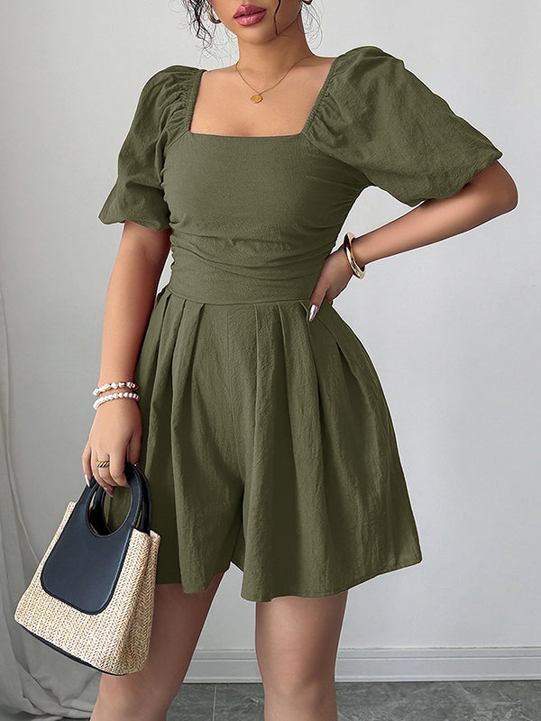 A-Line Half Sleeves Elasticity Pleated Solid Color Square-Neck Rompers