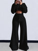 Loose Solid Color Long Sleeves T-Shirt + Drawstring Wide Leg Pants Trousers Two Pieces Set