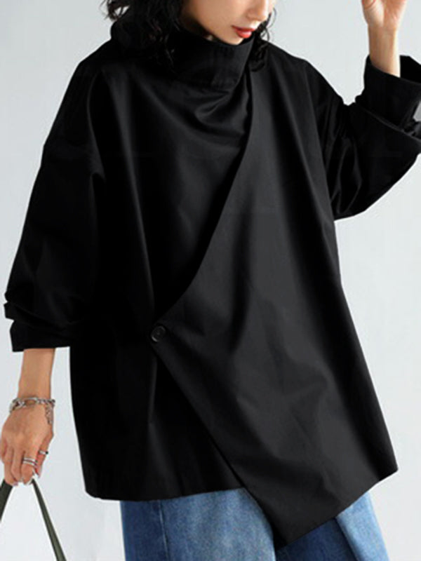 Long Sleeves Loose Solid Color High Neck T-Shirts Tops