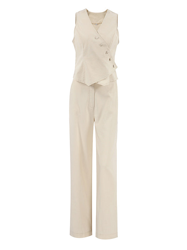 Solid Color Sleeveless Asymmetric Split-Joint  V-Neck Vest Tops +  Straight Leg Pants Suits Two Pieces Set