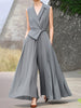 High Waisted Loose Pleated Pockets Solid Color Tied Notched Collar Jumpsuits
