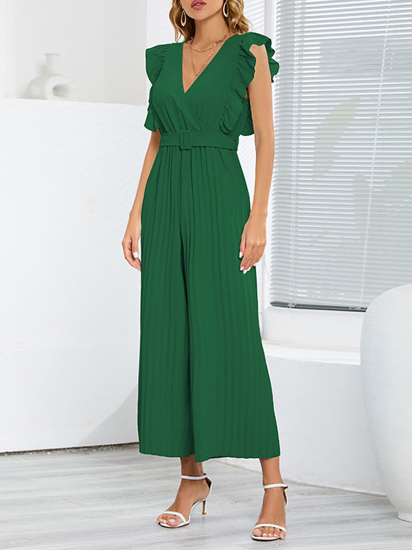 High Waisted Loose Belted Pleated Ruffled Solid Color V-Neck Jumpsuits