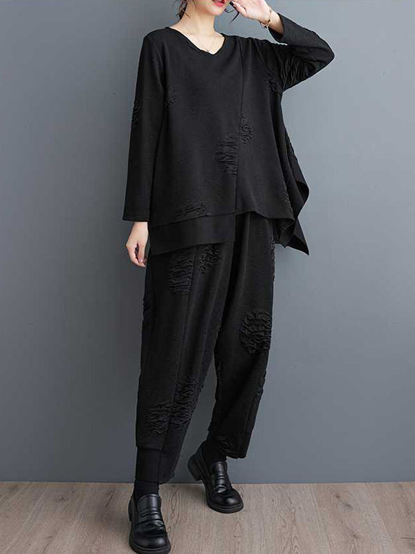 Long Sleeves Asymmetric Solid Color Split-Joint V-Neck T-Shirts Top + Harem Pants Elasticity Pants Bottom Two Pieces Set