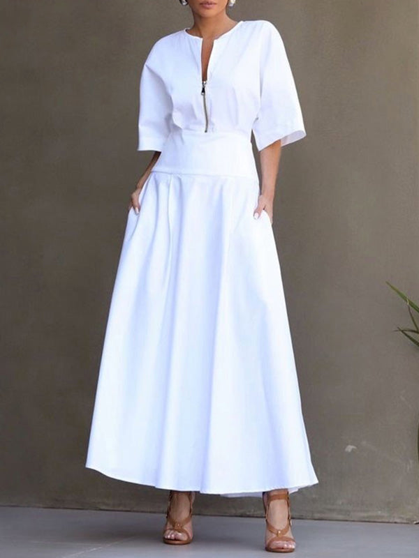 Half Sleeves Loose Solid Color Zipper Round-Neck Maxi Dresses