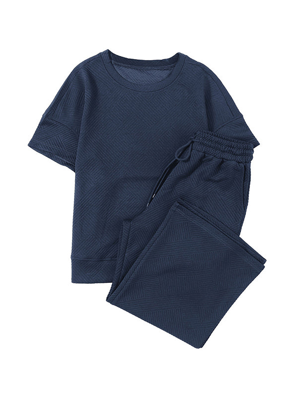 Loose Short Sleeves Solid Color Round-Neck T-Shirt Top + Drawstring Elasticity Pockets Pants Botttom Two Pieces Set