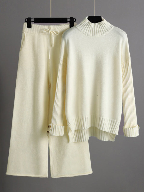 Urban Long Sleeves Solid Color Half Turtleneck Sweater Tops & Wide Leg Pants Two Pieces Set