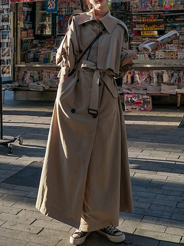 Long Sleeves Loose Buckle Buttoned Split-Back Tied Waist Lapel Outerwear Trench Coats