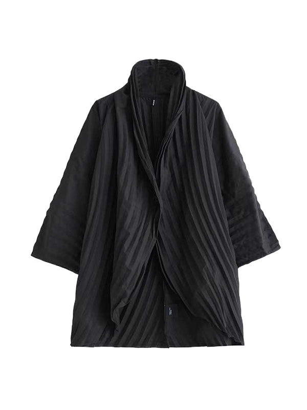 Long Sleeves Loose Buttoned Pleated Solid Color Stand Collar Shirts Top + Pants Bottom Two Pieces Set