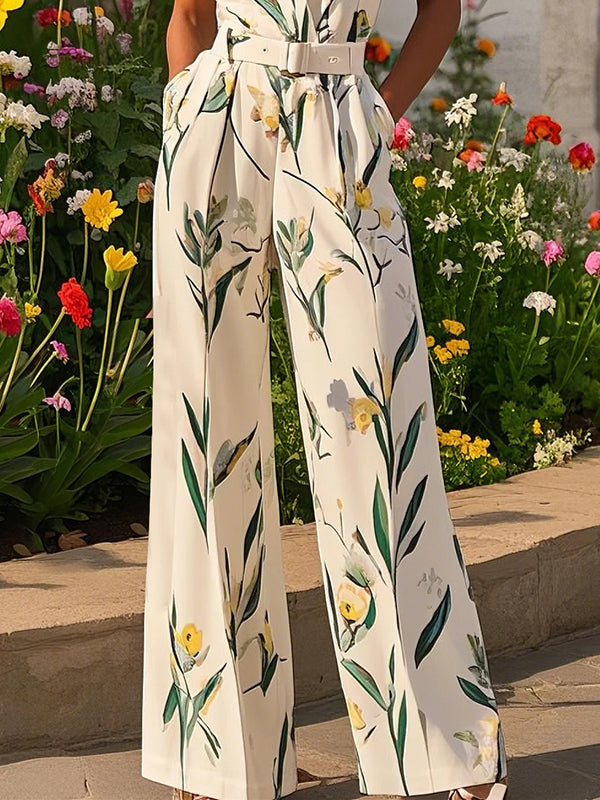Sleeveless Wide Leg No Belt Pleated Printed Split-Joint V-Neck Jumpsuits