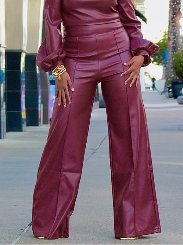 Long Sleeves Puff Sleeves Asymmetric Knot Solid Color Off-The-Shoulder Shirts Top + Pants Bottom Two Pieces Set