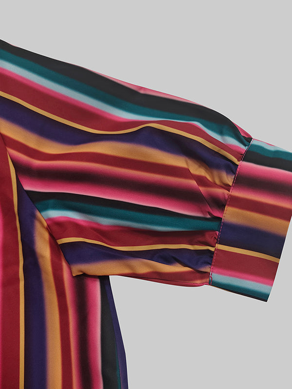 Long Sleeves Loose Split-Joint Striped Lapel Maxi Dresses Shirt Dress