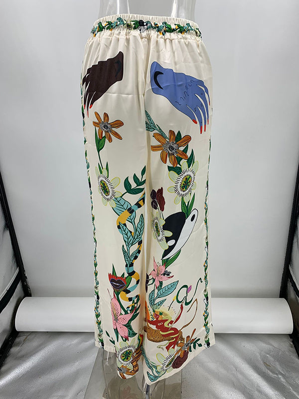 Half Sleeves Loose Buttoned Flower Print Pockets Lapel T-Shirt Top + Drawstring Elasticity Pants Bottom Two Pieces Set