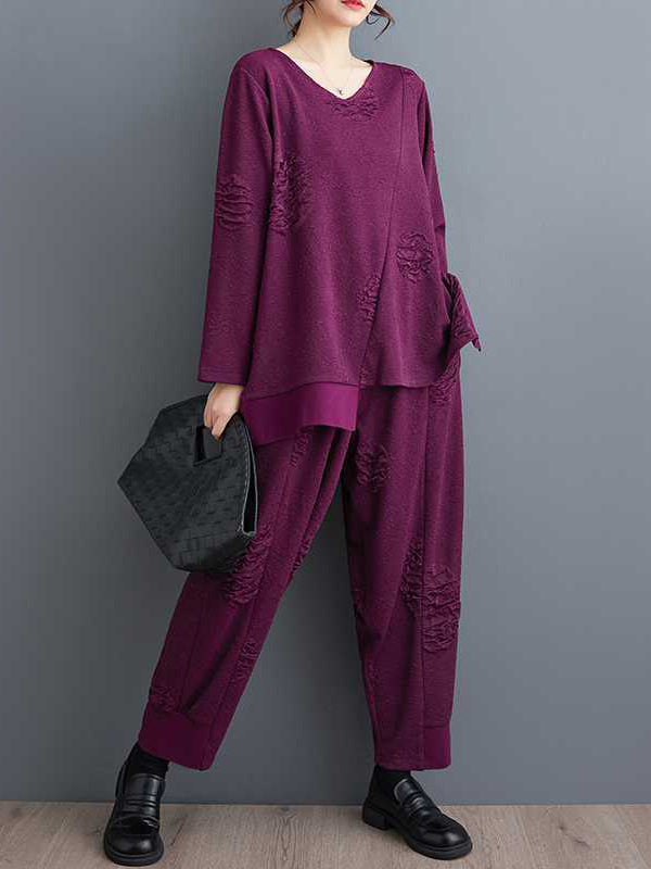Long Sleeves Asymmetric Solid Color Split-Joint V-Neck T-Shirts Top + Harem Pants Elasticity Pants Bottom Two Pieces Set