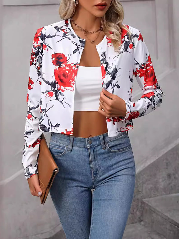 Long Sleeves Loose Buttoned Flower Print Split-Joint Round-Neck Blazer Outerwear