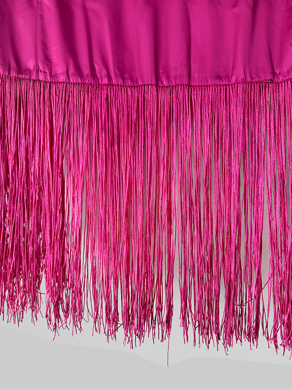 Batwing Sleeves Loose Solid Color Split-Joint Tasseled High Neck Evening Dresses Maxi Dresses