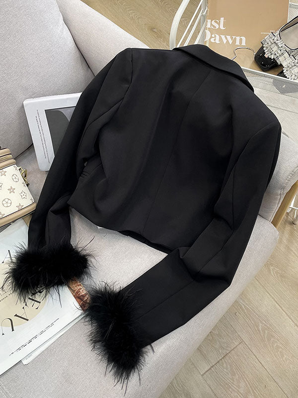 Long Sleeves Buttoned Solid Color Tasseled Notched Collar Blazer Outerwear