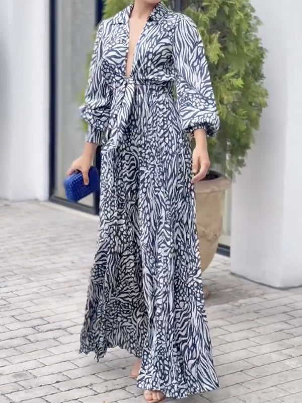 Loose Puff Sleeves Pleated Printed Split-Joint Deep V-Neck Jumpsuits