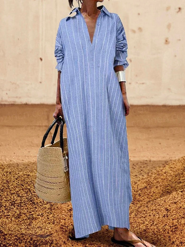 Long Sleeves Striped Lapel Maxi Dresses