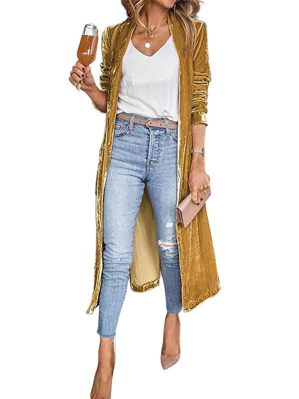 Long Sleeves Loose Pockets Solid Color Split-Joint Velvet Collarless Outerwear