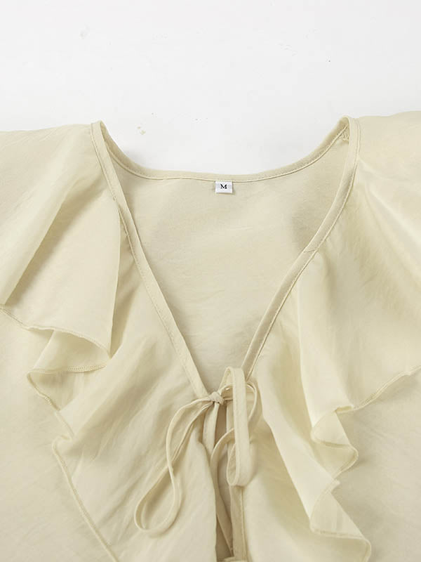 Long Sleeves Loose Ruffle Trim Solid Color Tied V-Neck Blouses&Shirts Tops + Elasticity Shorts Bottom Two Pieces Set