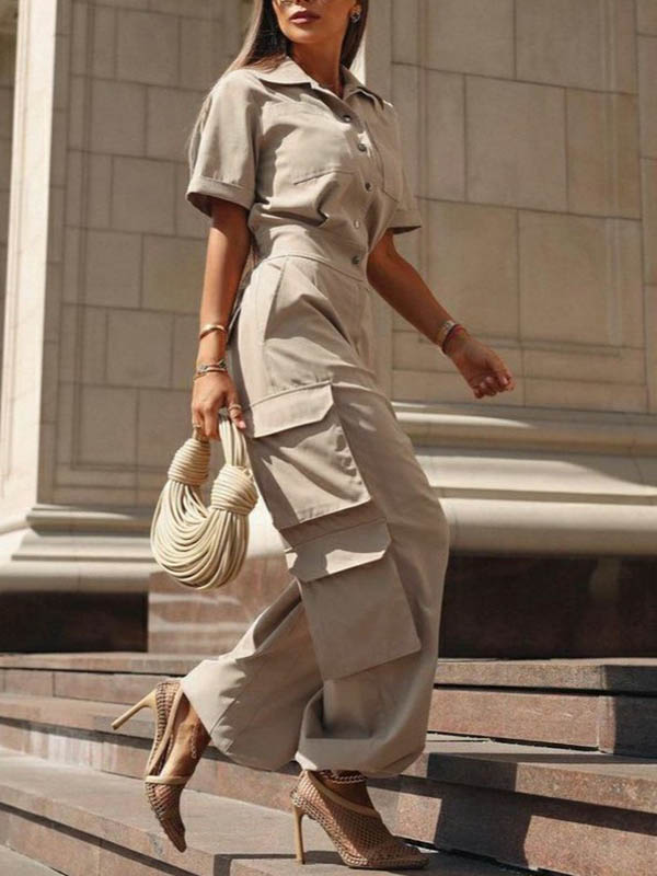 Loose Short Sleeves Buttoned Pockets Solid Color Lapel Jumpsuits