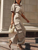 Loose Short Sleeves Buttoned Pockets Solid Color Lapel Jumpsuits