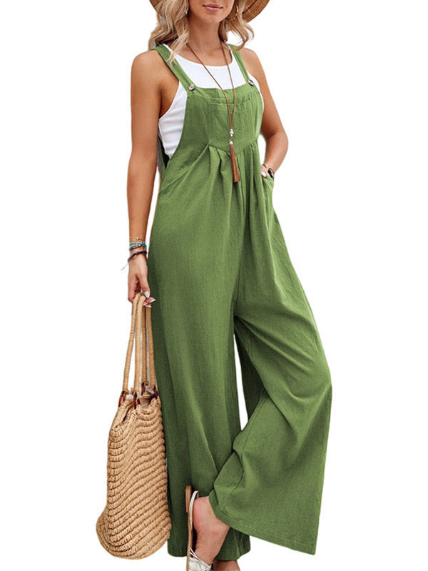 Loose Plus Size Pleated Split-Joint Square-Neck Overalls