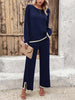 Long Sleeves Contrast Color Split-Joint Split-Side Round-Neck High-Low Sweater Tops +  Pants Bottom Two Pieces Set