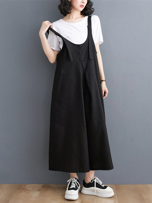 Ninth Pants Wide Leg Buttoned Solid Color Spaghetti-Neck Overalls