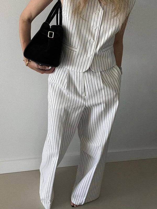 Loose Sleeveless Buttoned Striped V-Neck Vest Top + Pockets Pants Bottom Two Pieces Set