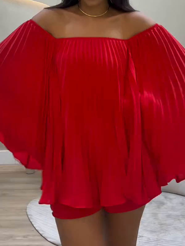 Batwing Sleeves Loose Pleated Solid Color Off-The-Shoulder Shirt Top + Shorts Bottom Two Pieces Set