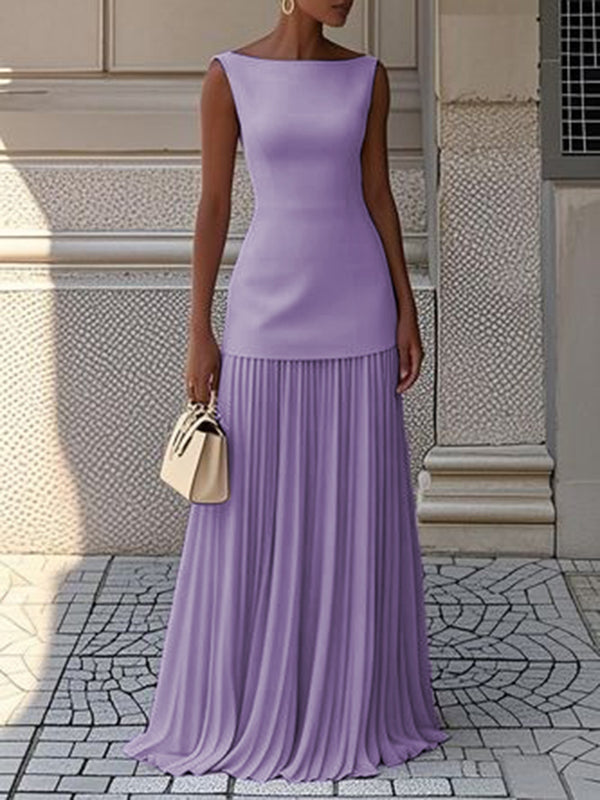 Sleeveless Gauze Pleated Solid Color Split-Joint Boat Neck Evening Dresses Maxi Dresses