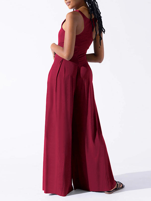 Loose Sleeveless Pleated Solid Color Spaghetti-Neck Jumpsuits