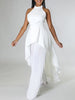 Loose Backless Lacy Solid Color Halter-Neck Vest Top + High-Low Pants Bottom Two Pieces Set