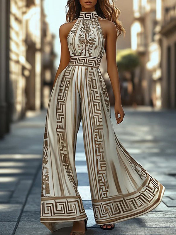 Sleeveless Wide Leg Printed Halter-Neck Jumpsuits