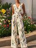 Sleeveless Wide Leg No Belt Pleated Printed Split-Joint V-Neck Jumpsuits