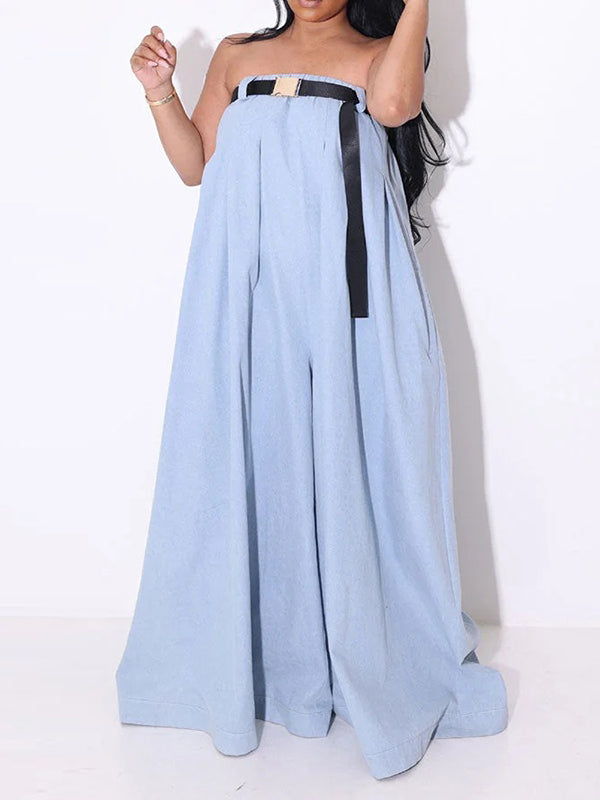 Loose Sleeveless Belted Pleated Pockets Solid Color Tube Jumpsuits