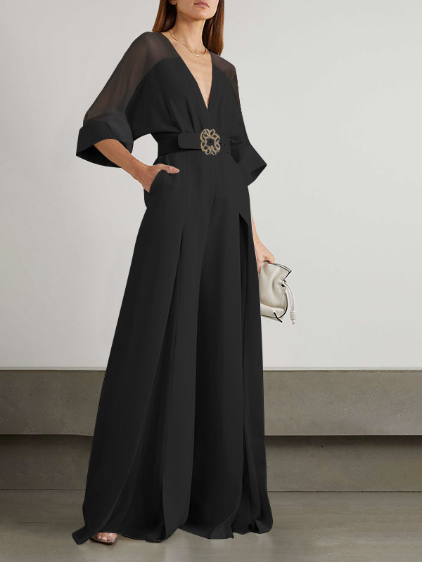 Solid Color Split-Front Contrast Color Tied Waist High Waisted V-Neck Jumpsuits