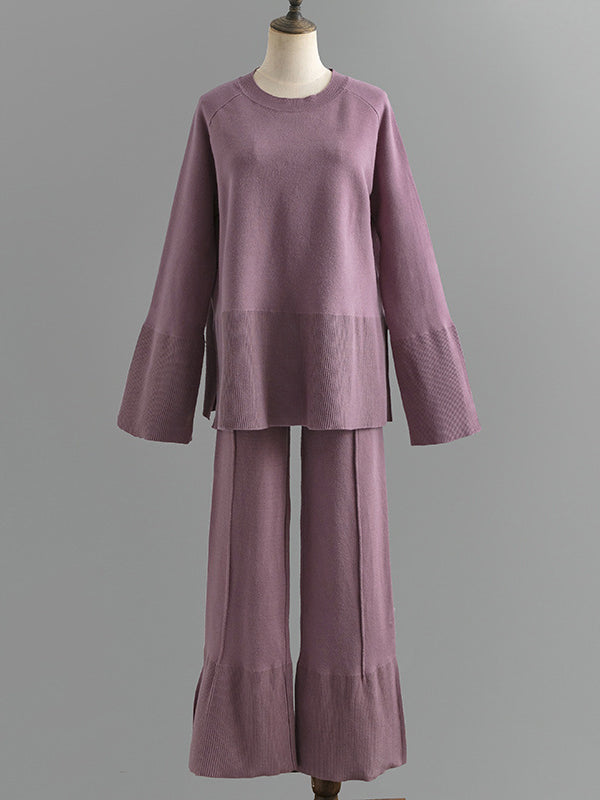 Casual Long Sleeves Loose Solid Color Round-Neck Sweater Tops & Wide Leg Pants Two Pieces Set