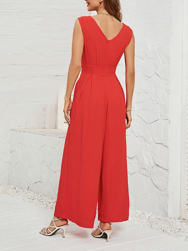 Loose Sleeveless Pleated Solid Color Split-Joint V-Neck Jumpsuits