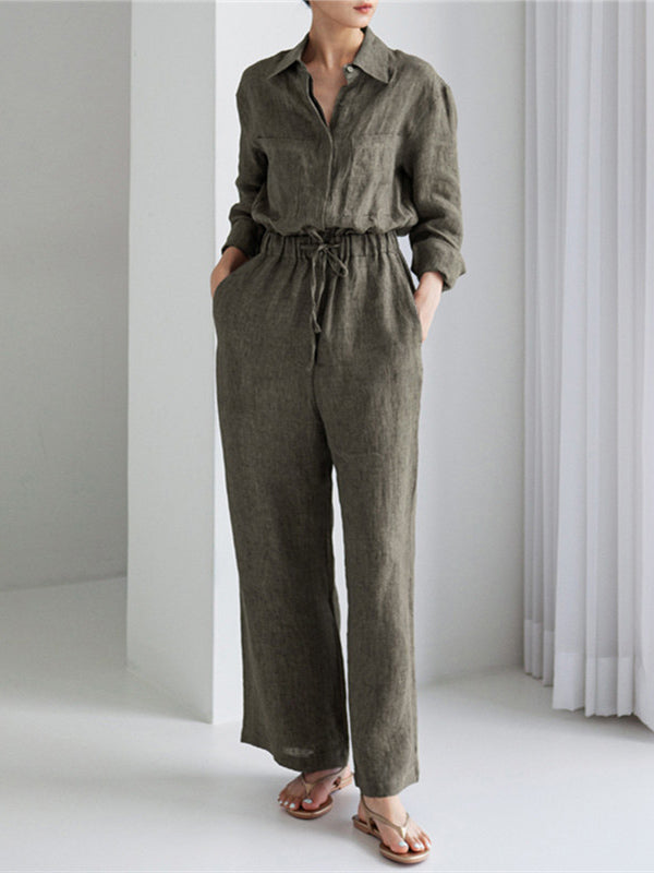 Urban Linen Drawstring Elastic Waisted Wide Leg Long Sleeves Jumpsuits