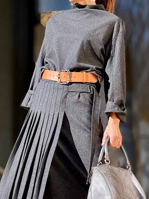 Solid Color Loose Top +  Asymmetric Pleated Split-Joint  Skirt Two Pieces Set