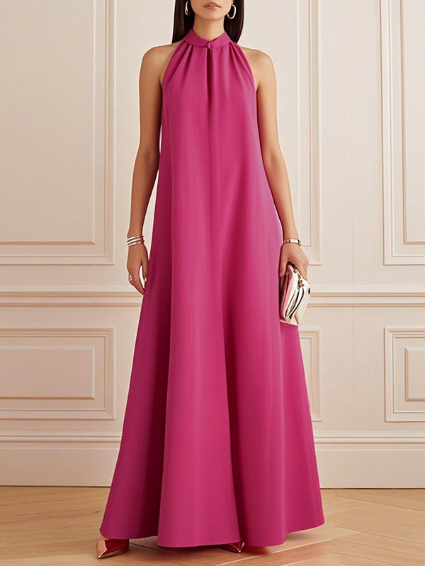 A-Line Loose Pleated Solid Color Mock Neck Maxi Dresses