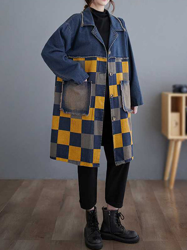 Long Sleeves Loose Buttoned Fringed Plaid Pockets Split-Joint Notched Collar Denim Outerwear