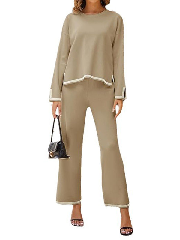 High-Low Long Sleeves Contrast Color Split-Side Round-Neck Sweater Top + Pants Bottom Two Pieces Set