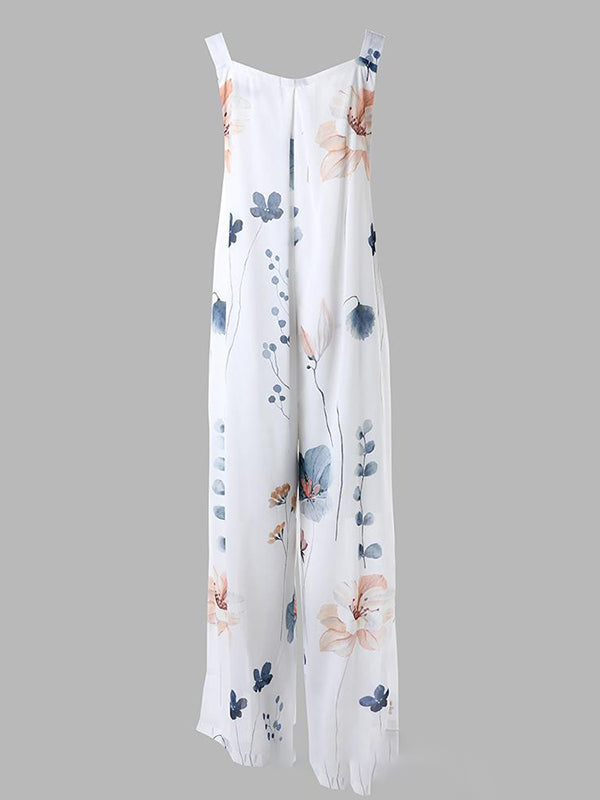 Loose Sleeveless Buttoned Flower Print Pleated Pockets Split-Joint Square-Neck Jumpsuits